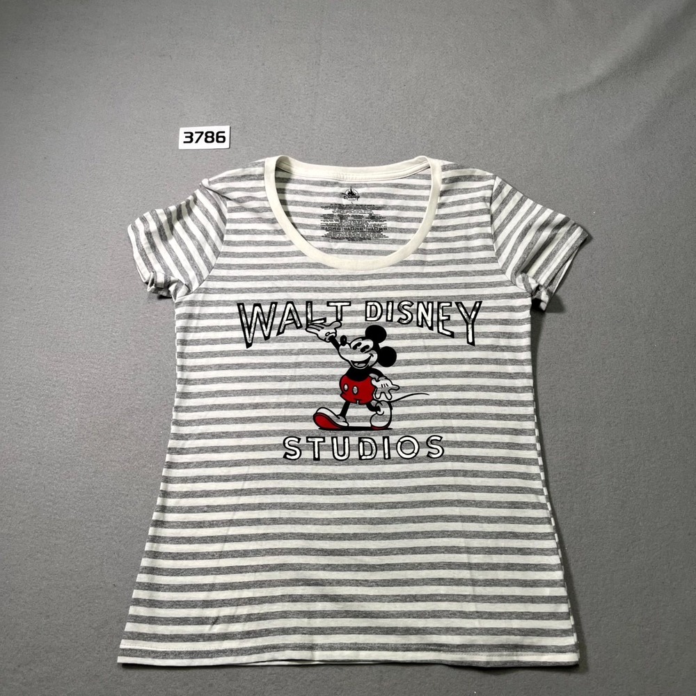 Disney Store World Mickey Mouse T Shirt Womens Large Gray White Striped Cotton
